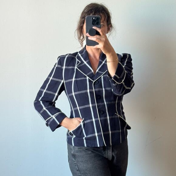 DKNY Plaid Navy Blazer with White Piping Summer Weight - Picture 1 of 6